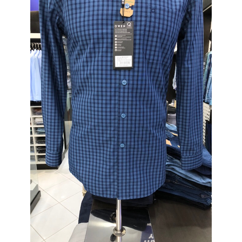 Áo sơ mi owen dài tay màu kẻ caro xanh đậm regular fit vải sợi tre AR230010DT
