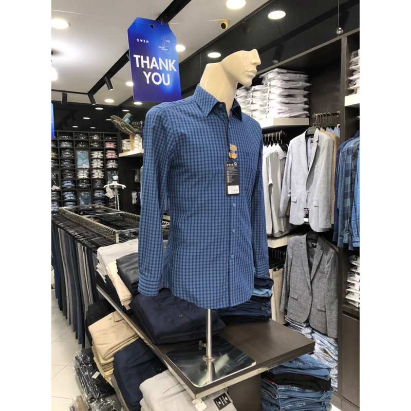 Áo sơ mi owen dài tay màu kẻ caro xanh đậm regular fit vải sợi tre AR230010DT