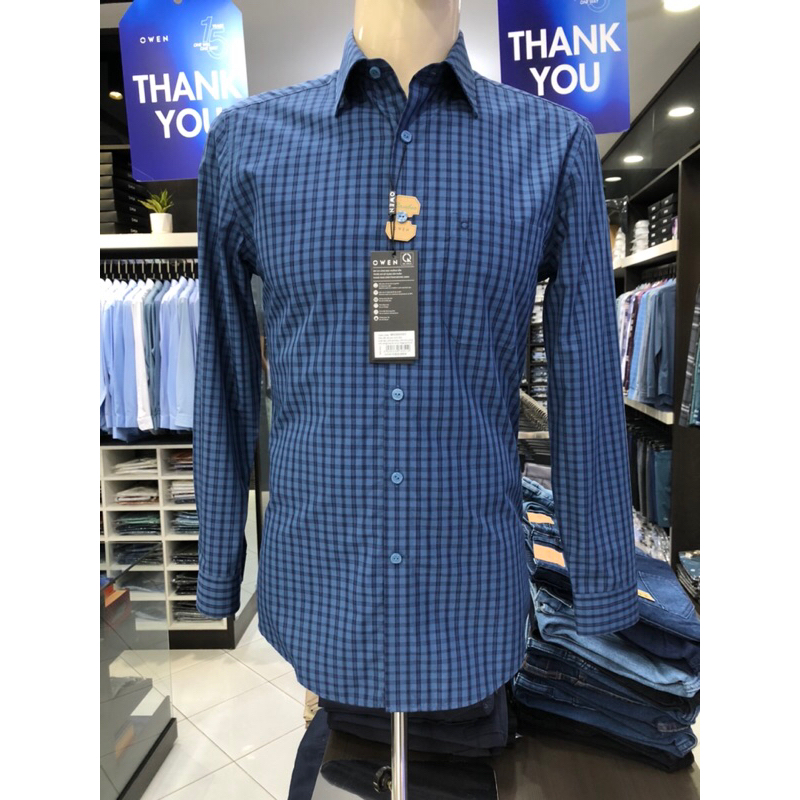 Áo sơ mi owen dài tay màu kẻ caro xanh đậm regular fit vải sợi tre AR230010DT