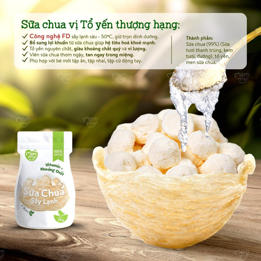 Combo 5 gói sữa chua Mămmy sấy đủ vị: nguyên chất, táo, tổ yến, dâu, chuối cho bé từ 6 tháng tuổi - 20 gram