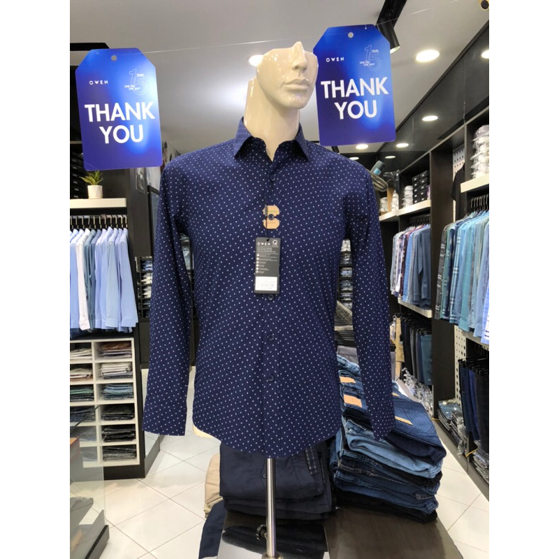 Áo sơ mi owen dài tay màu xanh navy họa tiết slim fit vải sợi tre AS230031DT
