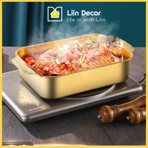 Khay Đa Năng Inox Om Cá, Nấu Lẩu, Khay Inox 304 An Toàn Sức Khoẻ Dùng Được Trên Bếp Từ Liin Decor