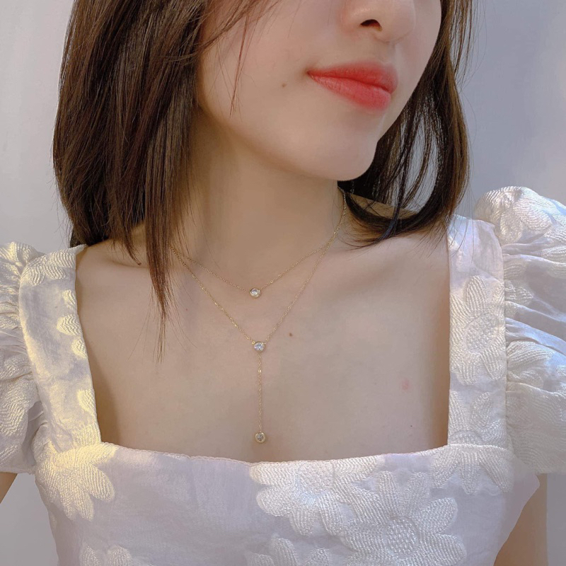 Dây chuyền, vòng cổ titan đá tròn mini 2 tầng dáng dài korea . PTNACC