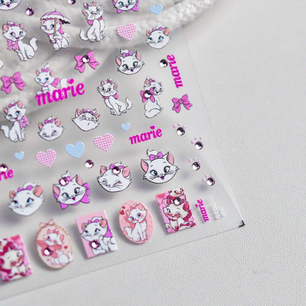 Sticker 5D, miếng dán hình mèo Marie đính ngọc trang trí móng tay