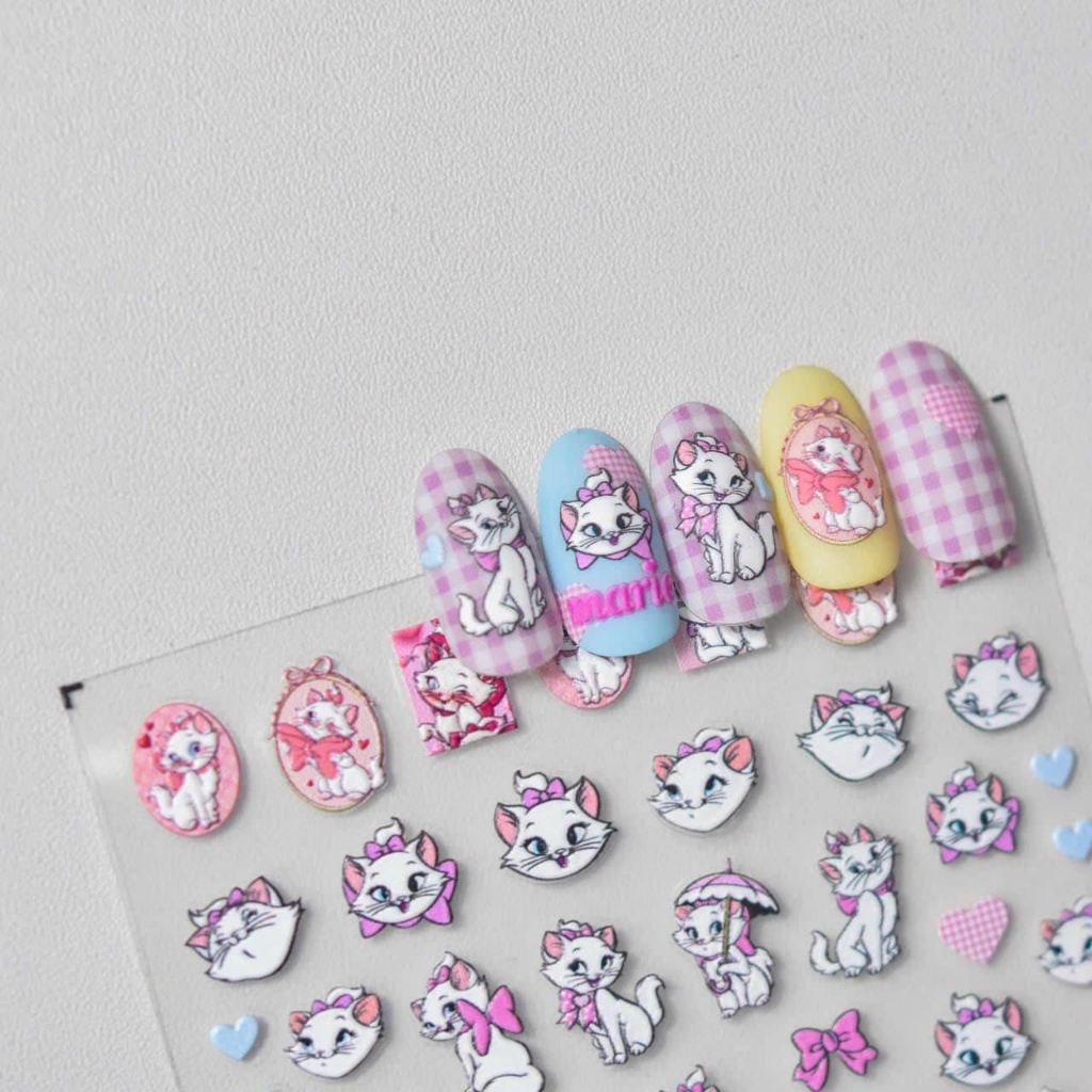 Sticker 5D, miếng dán hình mèo Marie đính ngọc trang trí móng tay