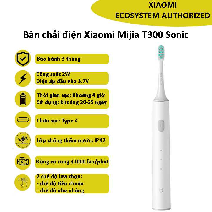 Bàn chải điện Xiaomi Mijia T300 Chống Nước IPX7 - Bảo hành 3 tháng - Shop Điện Máy Center