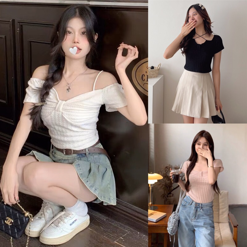 Áo croptop cộc tay nơ ngực phối hai dây mảnh chất thun gân đan co giãn 4 màu xinh mặc được nhiều kiểu