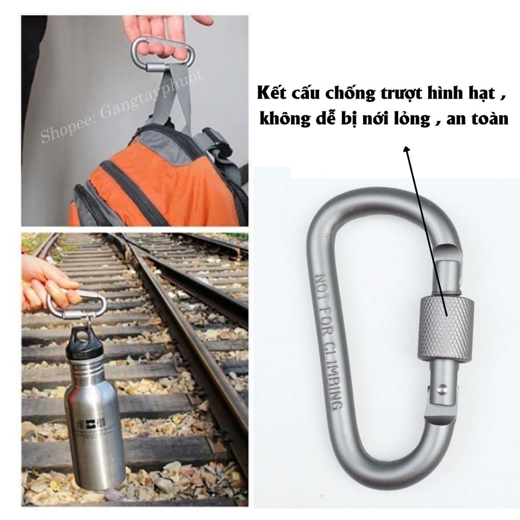 Móc khóa đa năng móc khóa nhôm đi phượt Carabiner chữ D khóa xoay 8cm tiện lợi