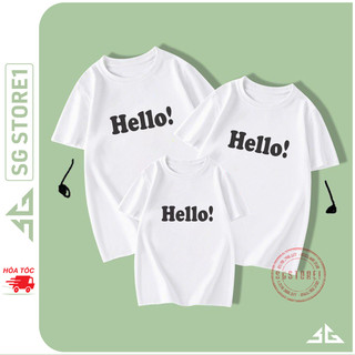 Áo thun gia đình mẫu Hello màu trắng thun cotton dày dặn đủ size cho bé trai gái làm đồng phục GD274