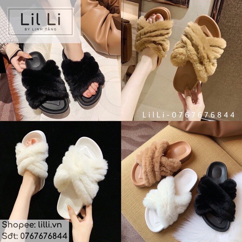 Dép lông quai ngang quai chéo lông xù bản to cao cấp mang trong nhà, văn phòng, đi chơi