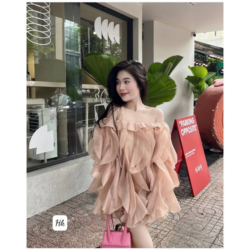 Áo váy tơ bèo trễ vai sóng tiểu thư