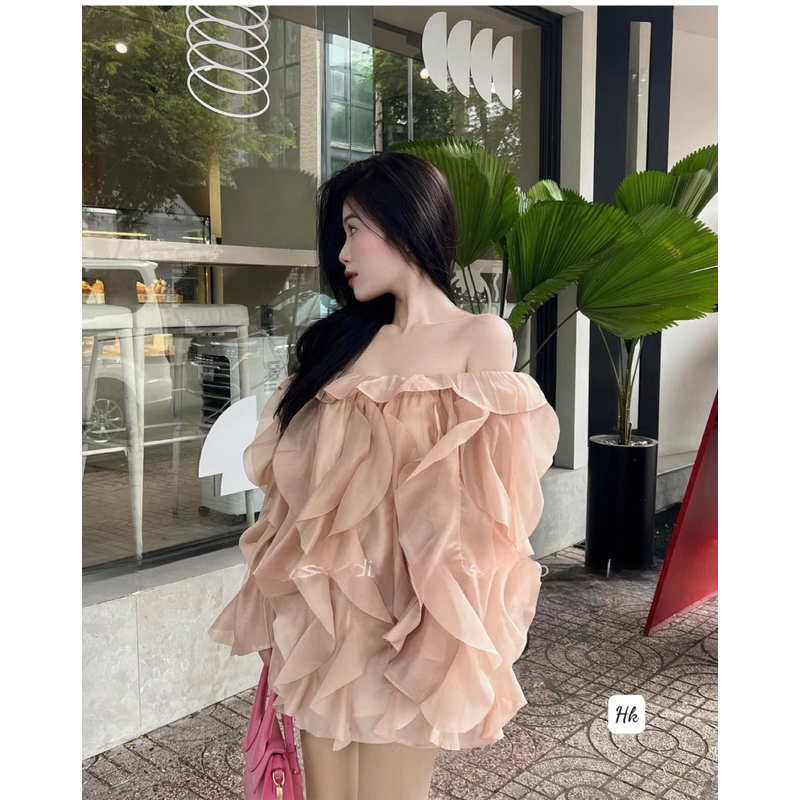 Áo váy tơ bèo trễ vai sóng tiểu thư