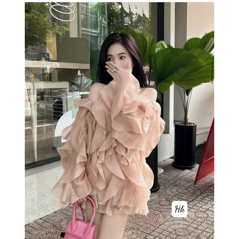 Áo váy tơ bèo trễ vai sóng tiểu thư