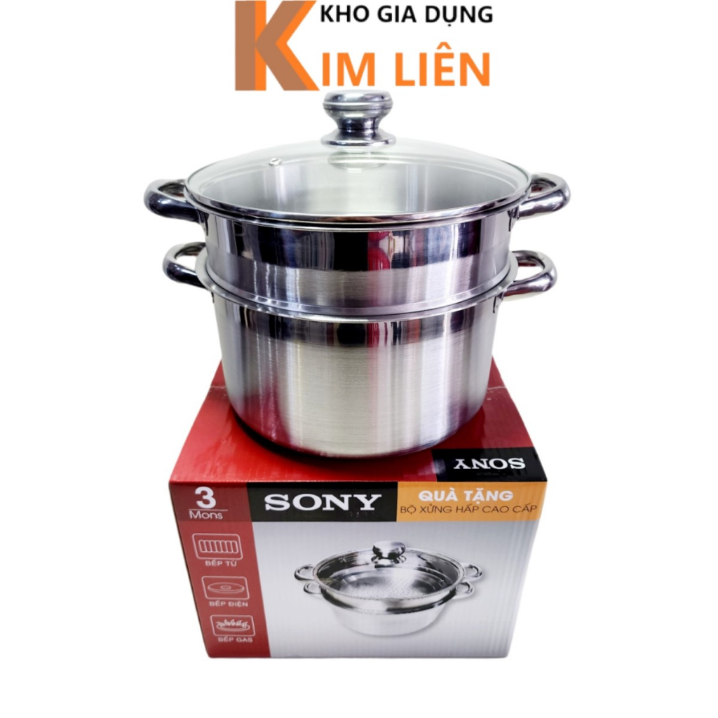 Bộ nồi xửng SONY inox đáy từ 28cm - Nắp kính cường lực, dùng mọi loại bếp - Luộc gà, hấp thực phẩm