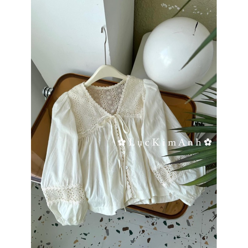 Áo Sơmi dáng babydoll tay dài thô đũi phối ren hoạ tiết hoa nổi hàng chuẩn QC ảnh thật - sẵn