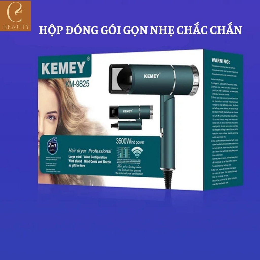 Máy sấy tóc Kemey KM-9825, Máy sấy tóc công suất lớn, Máy làm tóc khô siêu nhanh 2 chiều nóng lạnh có thể gấp gọn