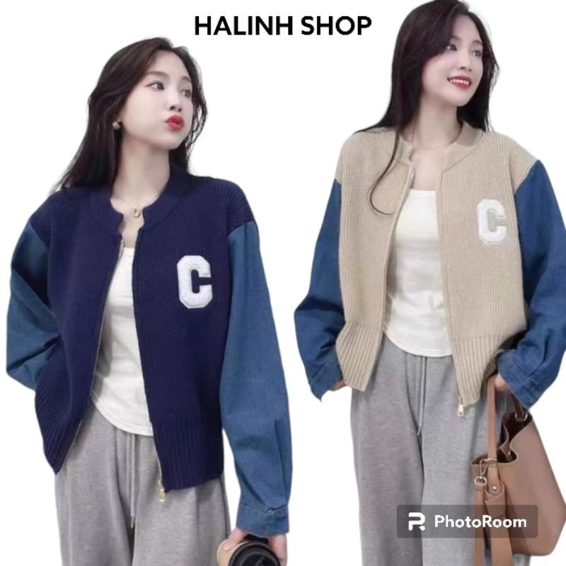 Áo Khoác Bomber Coptop Len Pha Bò Thêu Chữ C Size S M - Halinh Shop - Áo Khoác Croptop Nữ Dài Tay Mặc Thu Đông Hàng Qcl1