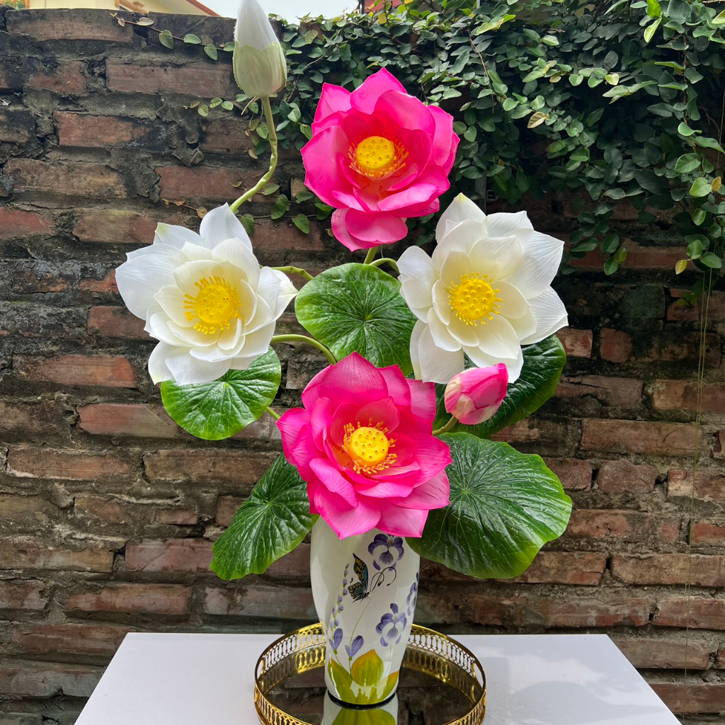 Hoa giả-cụm hoa sen giả 6 chi tiết trang trí nhà cửa 140cm
