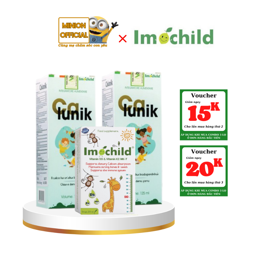 Combo Vitamin D3K2-DHA Imochild và Canxi Calunik Imochild hỗ trợ bé phát triển chiều cao