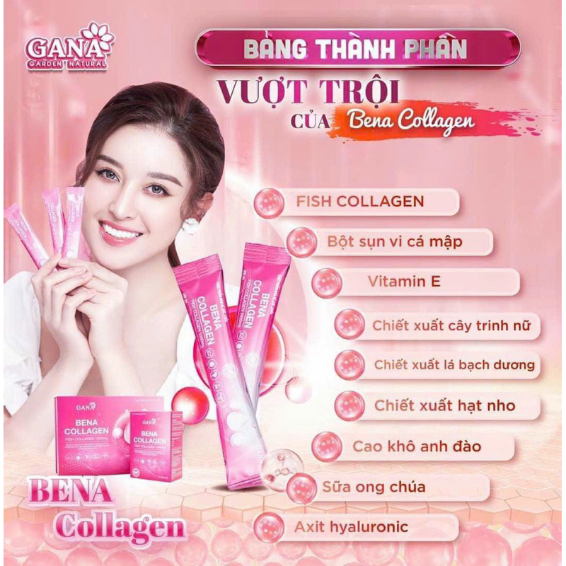 Bena collagen chính hãng hộp 30 gói hiệu quả cao đẹp da căng mịn chậm lão hoá da tăng cường đề kháng