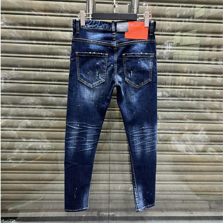 Quần Jean DSQ2 Xanh Vẩy Sơn Phối Loang Rách Gối Siêu Hot Quần Bò Xanh Đậm Chất Co Giãn Loang Rách Gối Nhăn 3D Siêu Đẹp