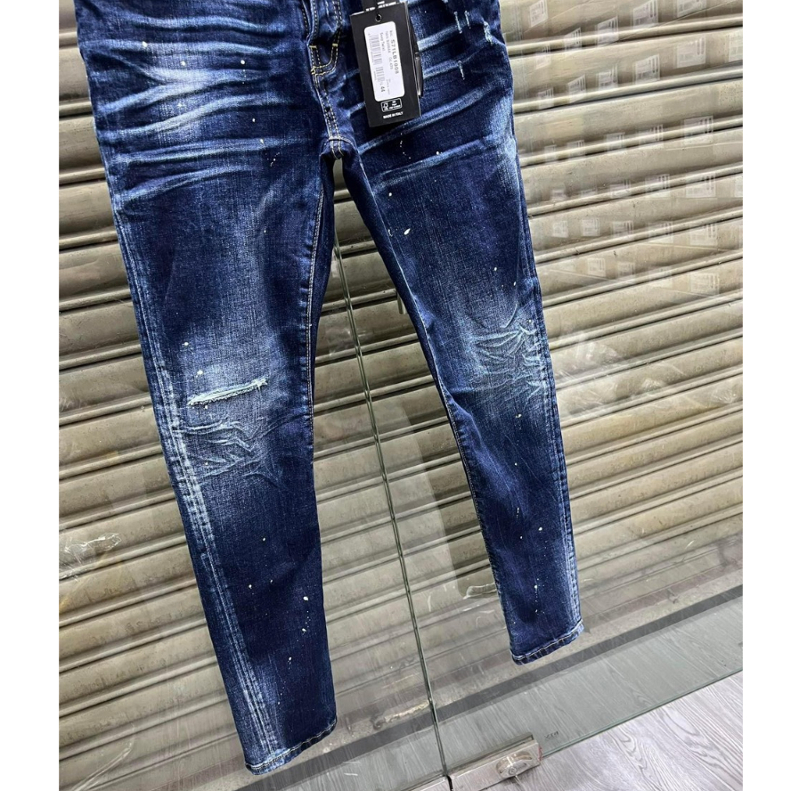 Quần Jean DSQ2 Xanh Vẩy Sơn Phối Loang Rách Gối Siêu Hot Quần Bò Xanh Đậm Chất Co Giãn Loang Rách Gối Nhăn 3D Siêu Đẹp