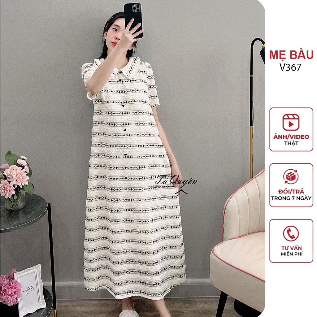ĐẦM VÁY BẦU FREESIZE CỔ SEN HỌA TIẾT TRÁI TIM DÁNG SUÔNG TRẺ TRUNG - ĐẦM BẦU CÔNG SỞ XINH HÀNG THIẾT KẾ