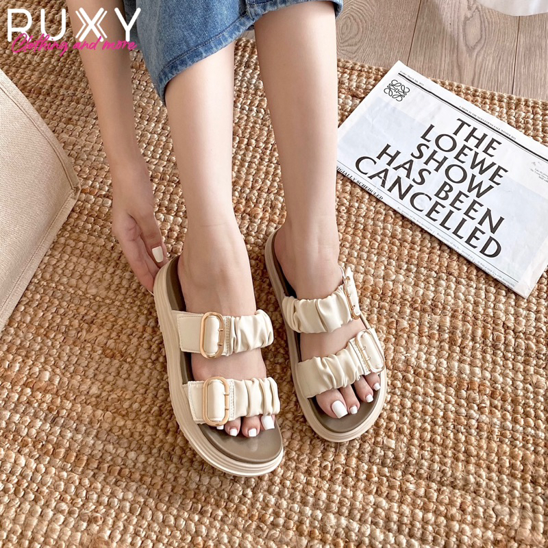 Dép Nữ Da 2 Quai Dúm Đai Cài Sắt Đế Cao Su 3cm Ruxy Đen_Trắng  G61109-7