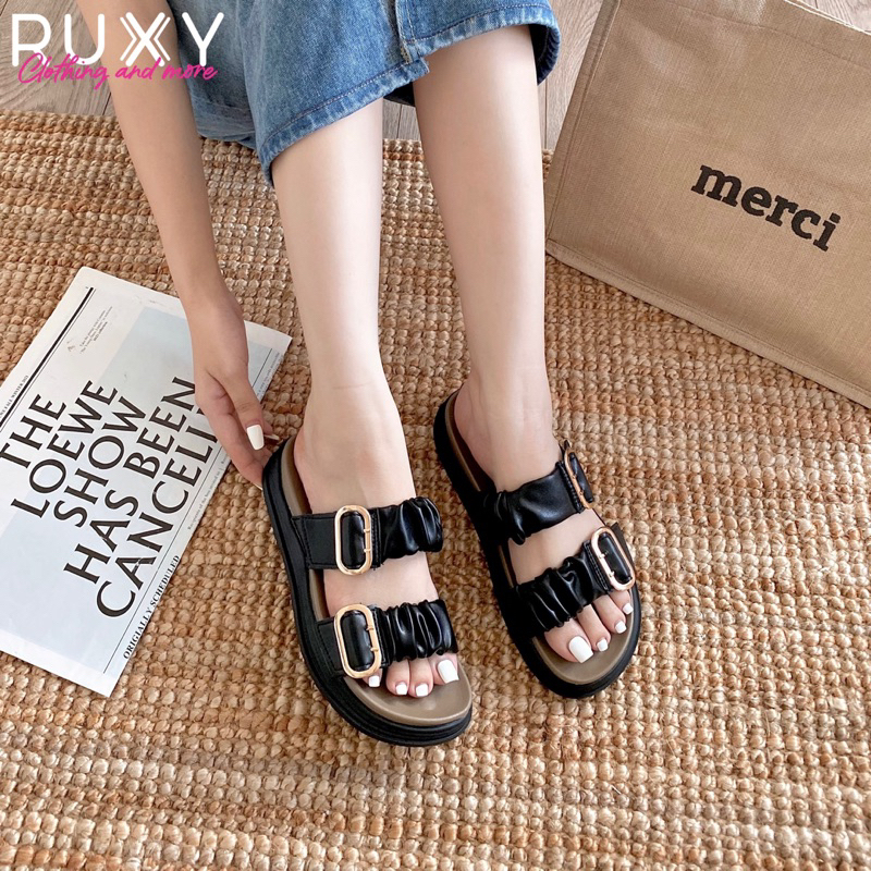 Dép Nữ Da 2 Quai Dúm Đai Cài Sắt Đế Cao Su 3cm Ruxy Đen_Trắng  G61109-7