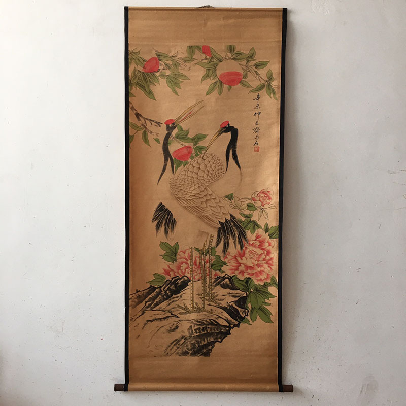 Tranh giả cổ Đào Lưỡng Hạc, Tranh giấy xuyến chỉ viền bo lụa size lớn 154 x 66 cm