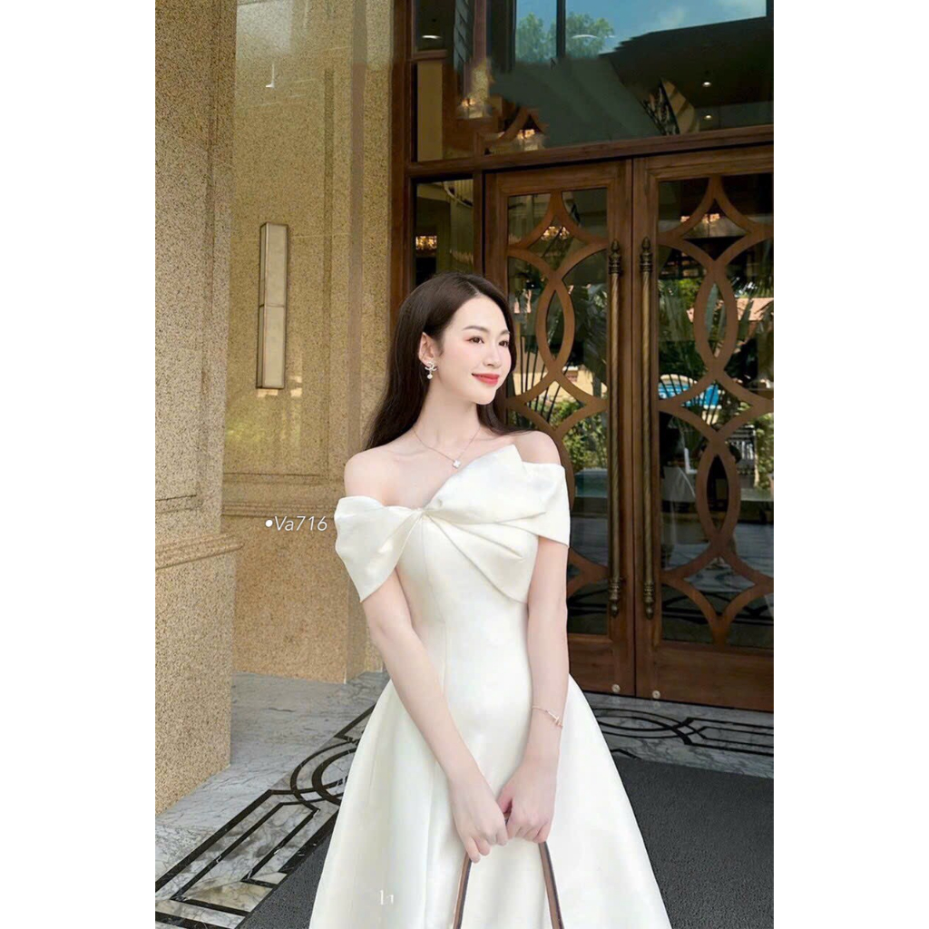 VA716  ĐẦM TAFTA XẾP LỆCH NƠ TRỄ VAI