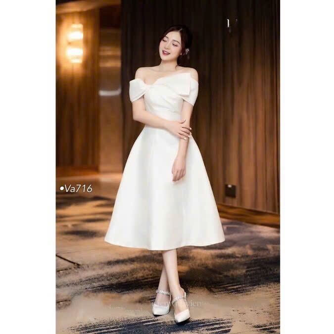 VA716  ĐẦM TAFTA XẾP LỆCH NƠ TRỄ VAI