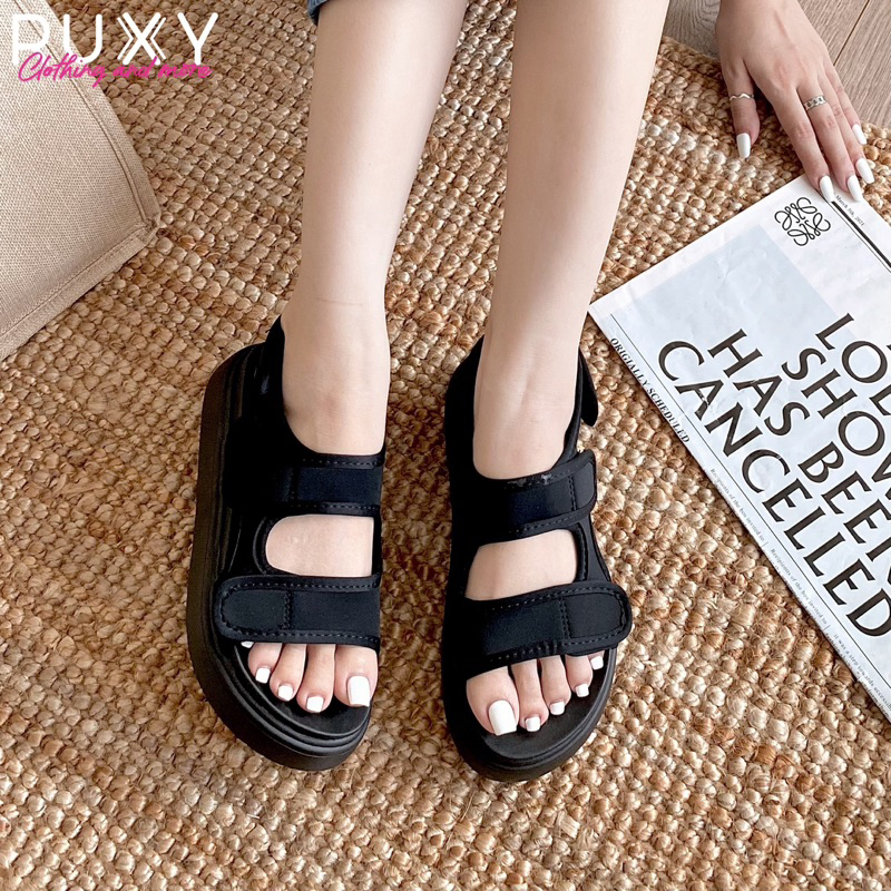 Xăng Đan Nữ 2 Quai Dán Vải Chống Thấm Nước Đế Cao Su 3cm Ruxy Đen_Nâu  G98180