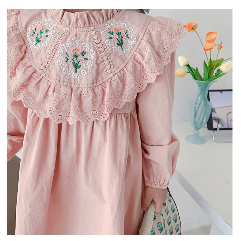 Váy dài tay, váy màu hồng công chúa cổ phối ren , váy tiểu thư cho bé gái mẫu mới 2023-VTETD003