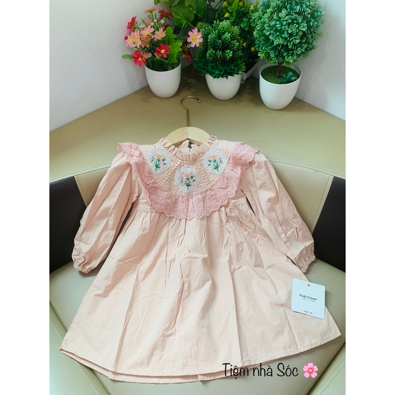 Váy dài tay, váy màu hồng công chúa cổ phối ren , váy tiểu thư cho bé gái mẫu mới 2023-VTETD003