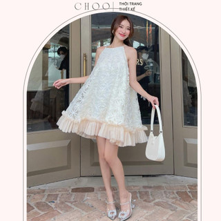 Đầm ngắn cổ yếm hai dây xòe dáng babydoll ren hoa 3D phối lưới - CHOO.VN