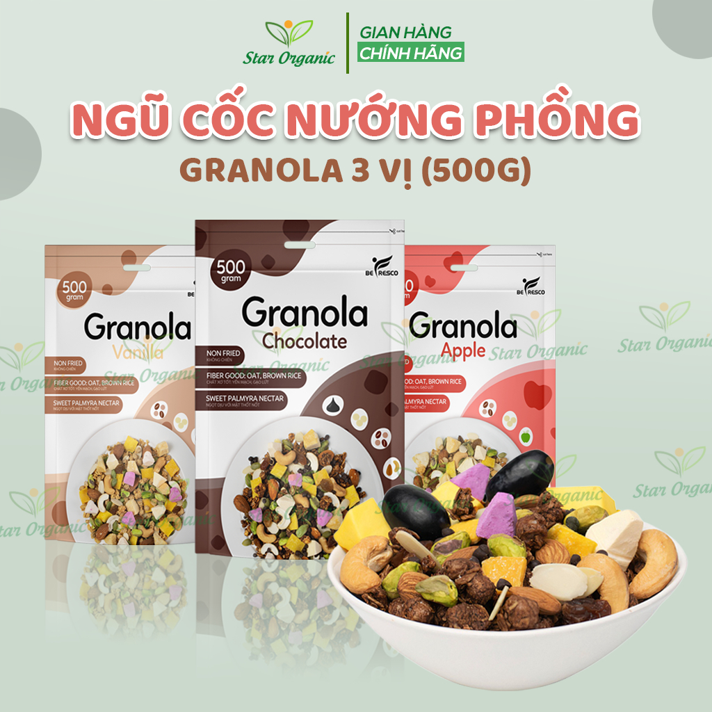 Ngũ Cốc Granola 03 Vị Tăng 85% Hạt Befresco 500g - Ngũ Cốc Nướng Phồng Ăn Kiêng Mix Sữa Chua Sấy, Mật Thốt Nột Dịu Ngọt