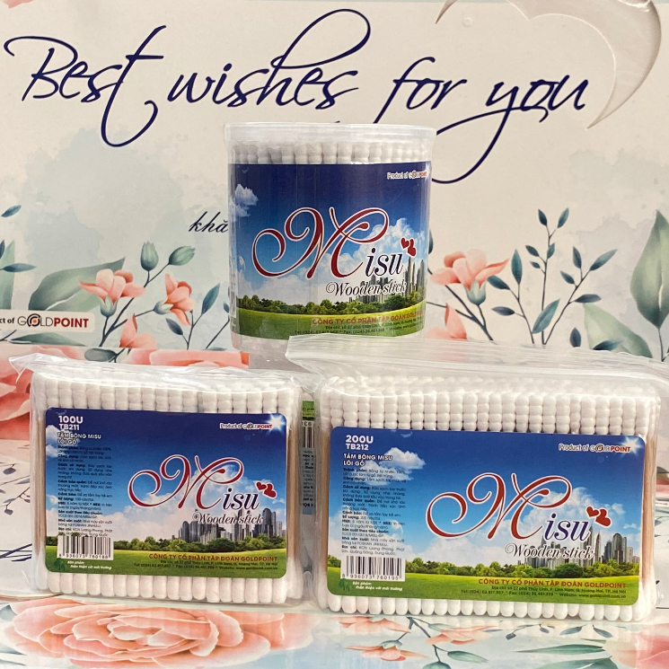 Tăm Bông Ngoáy Tai Cán Gỗ Misu, Gói 100, Gói 200, Hộp Tròn 200