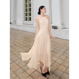 Đầm maxi lệch tà cổ yếm chéo lưng vải đũi xước siêu đẹp