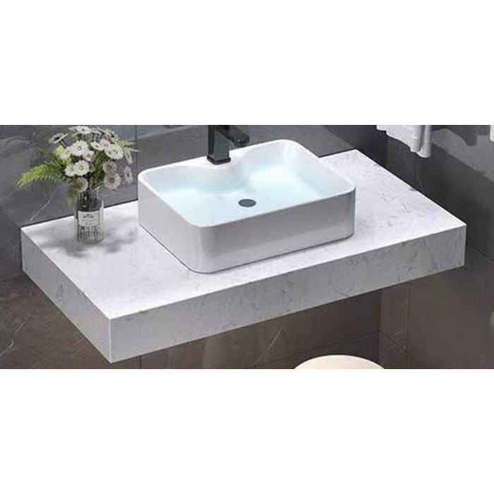 Combo bàn đá trắng + lavabo vuông trắng + gương led