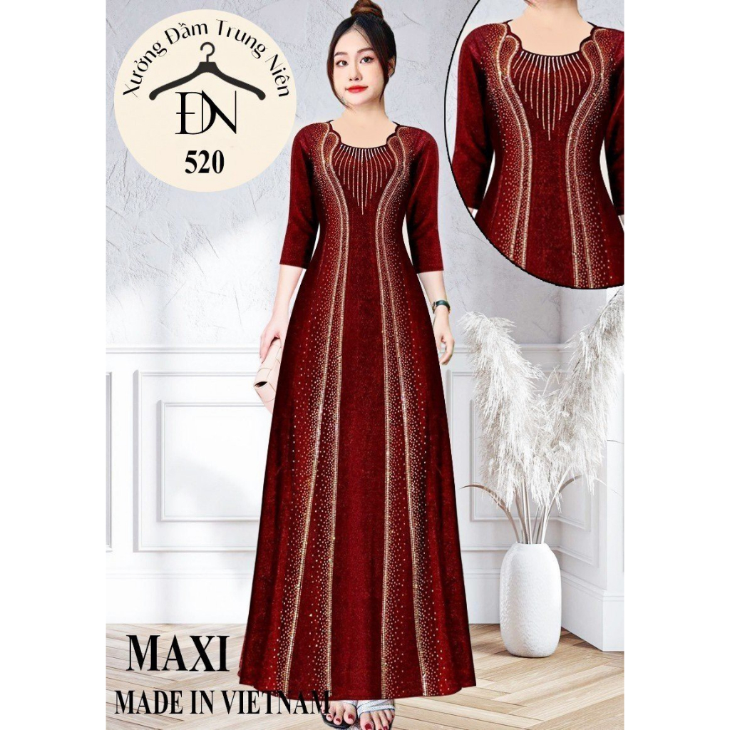 Đầm maxi trung niên chất nhũ kim sa phối nhung co giãn tốt, đính đá, cho mẹ dự tiệc sang trọng bigsize 80KG, MAXI M520