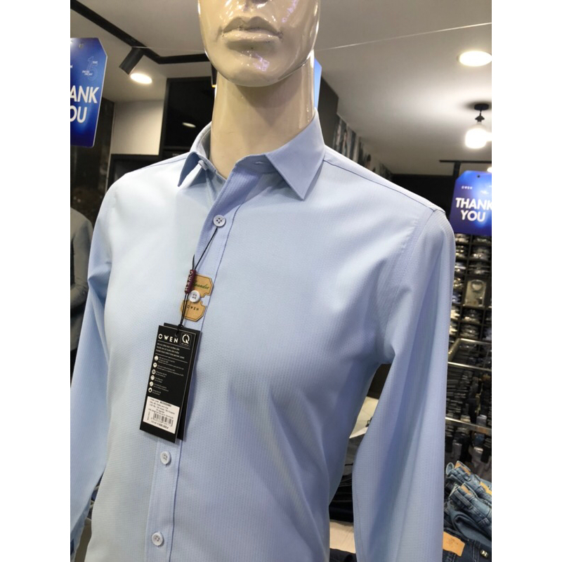 Áo sơ mi owen dài tay màu dobby xanh nhạt slim fit vải sồi AS230048D