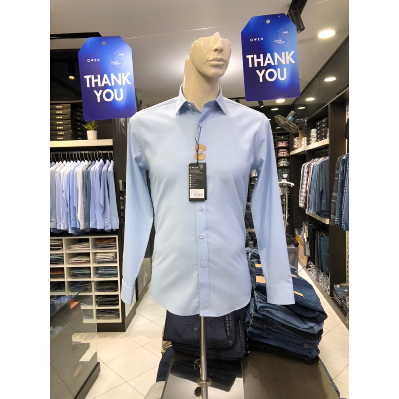 Áo sơ mi owen dài tay màu dobby xanh nhạt slim fit vải sồi AS230048D
