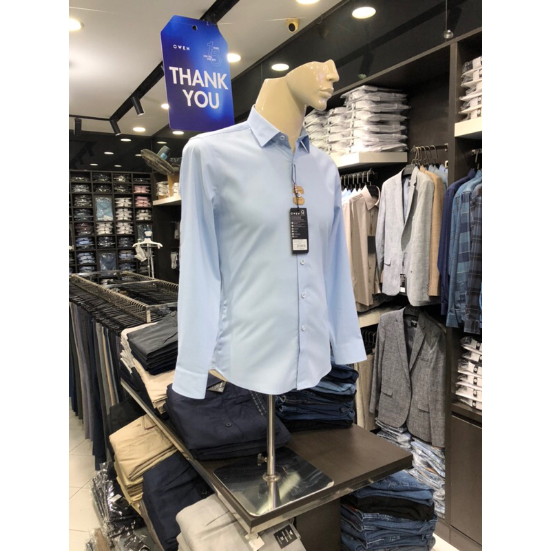 Áo sơ mi owen dài tay màu dobby xanh nhạt slim fit vải sồi AS230048D