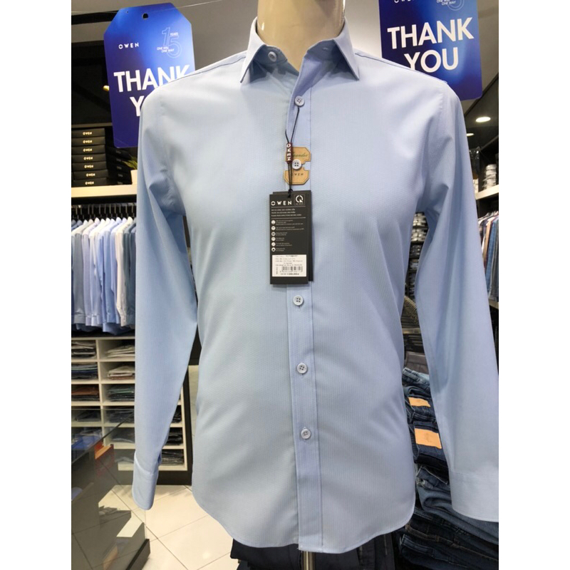 Áo sơ mi owen dài tay màu dobby xanh nhạt slim fit vải sồi AS230048D