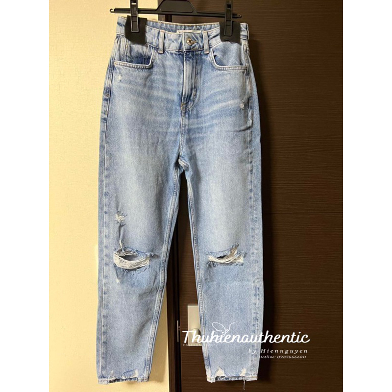Quần jean Z1975 momfit kiểu rách cạp xanh sáng mã code: 7223/024/406 ZARA chính hãng