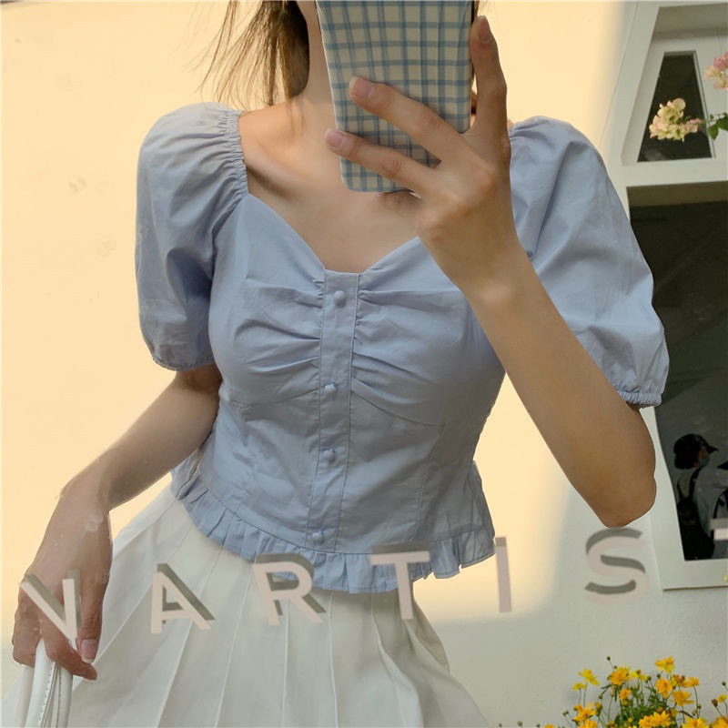 Áo sơ mi croptop tay phồng