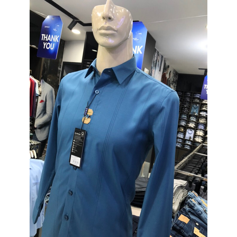 Áo sơ mi owen dài tay màu xanh xám kẻ sọc slim fit vải sợi tre AS230256D