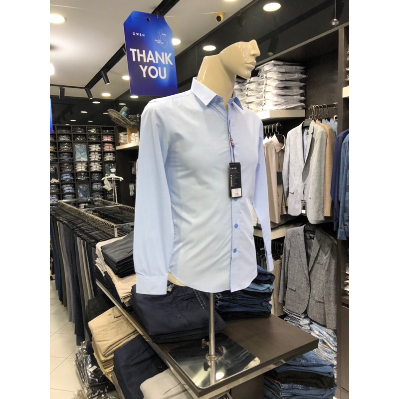 Áo sơ mi owen dài tay màu slub xanh nhạt slim fit vải sợi tre AS230227D