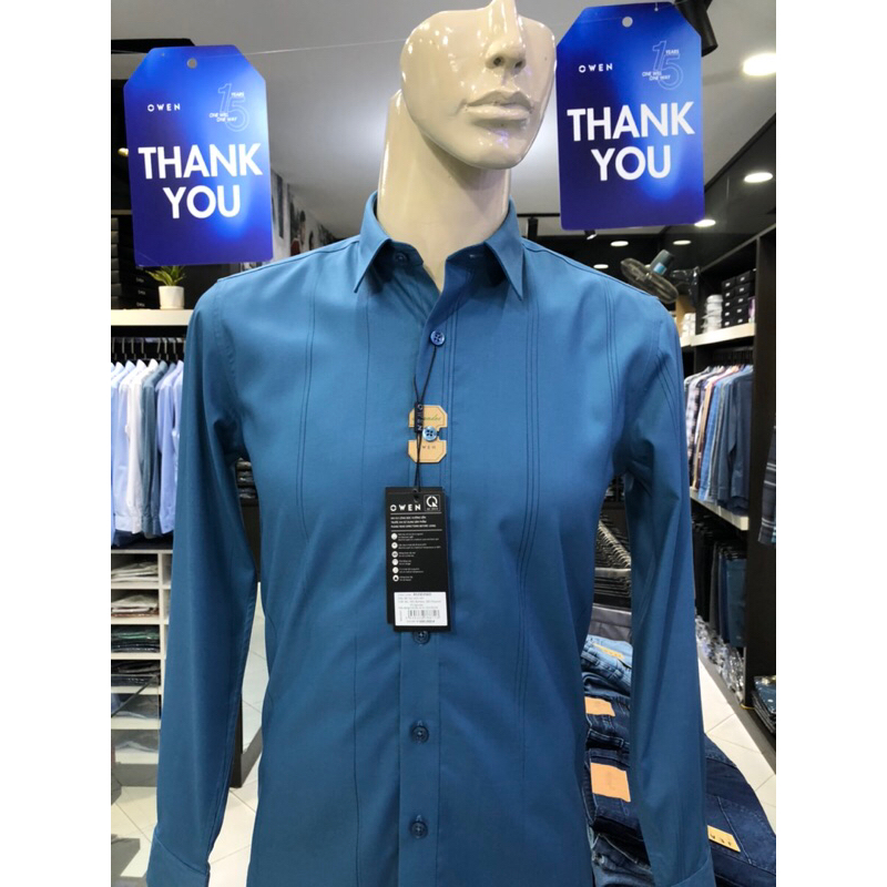 Áo sơ mi owen dài tay màu xanh xám kẻ sọc slim fit vải sợi tre AS230256D
